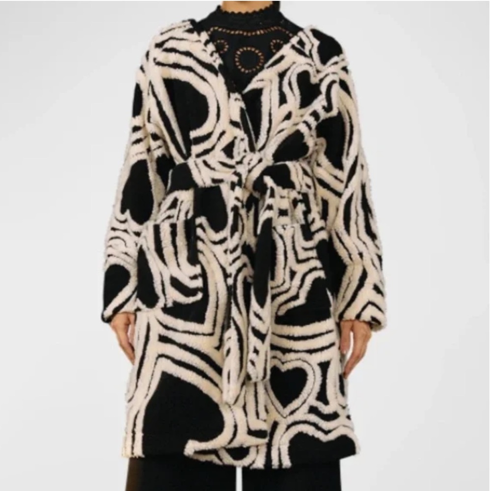 Farm Rio Wild Hearts Tie-Belt Fleece Coat